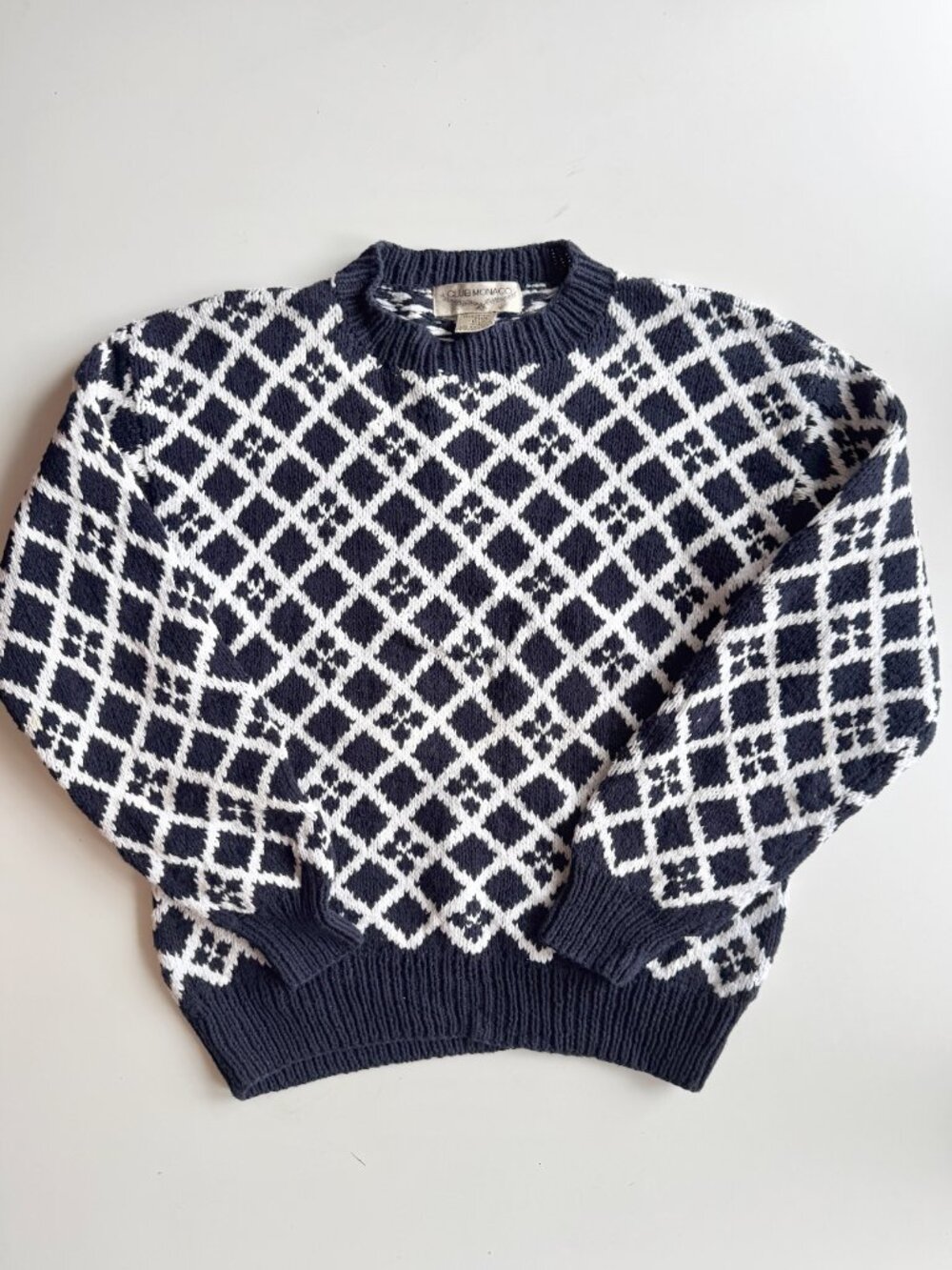 Vintage 80's CLUB MONACO Navy White Birds Eye 100% Cotton Knit Sweater, Size M - Picture 5 of 16